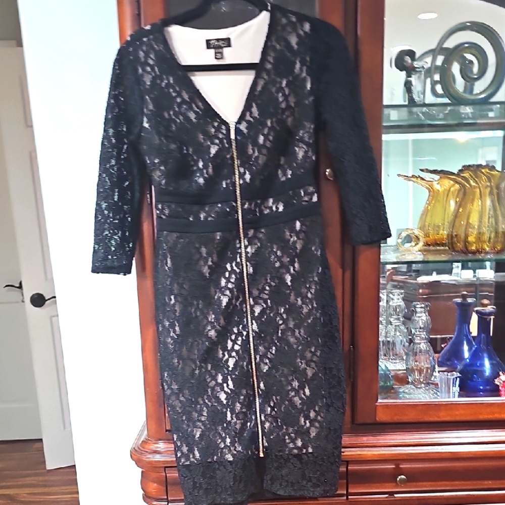 Thalia Sodi Lace Overlay cocktail Dress Front Zipper Black size XS
